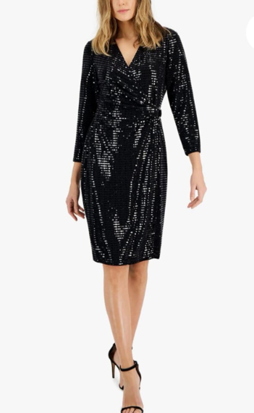 ANNE KLEIN Women's Signature Wrap Dress 2 Black Sequin V-Neck 3/4 Sleeves NWOT